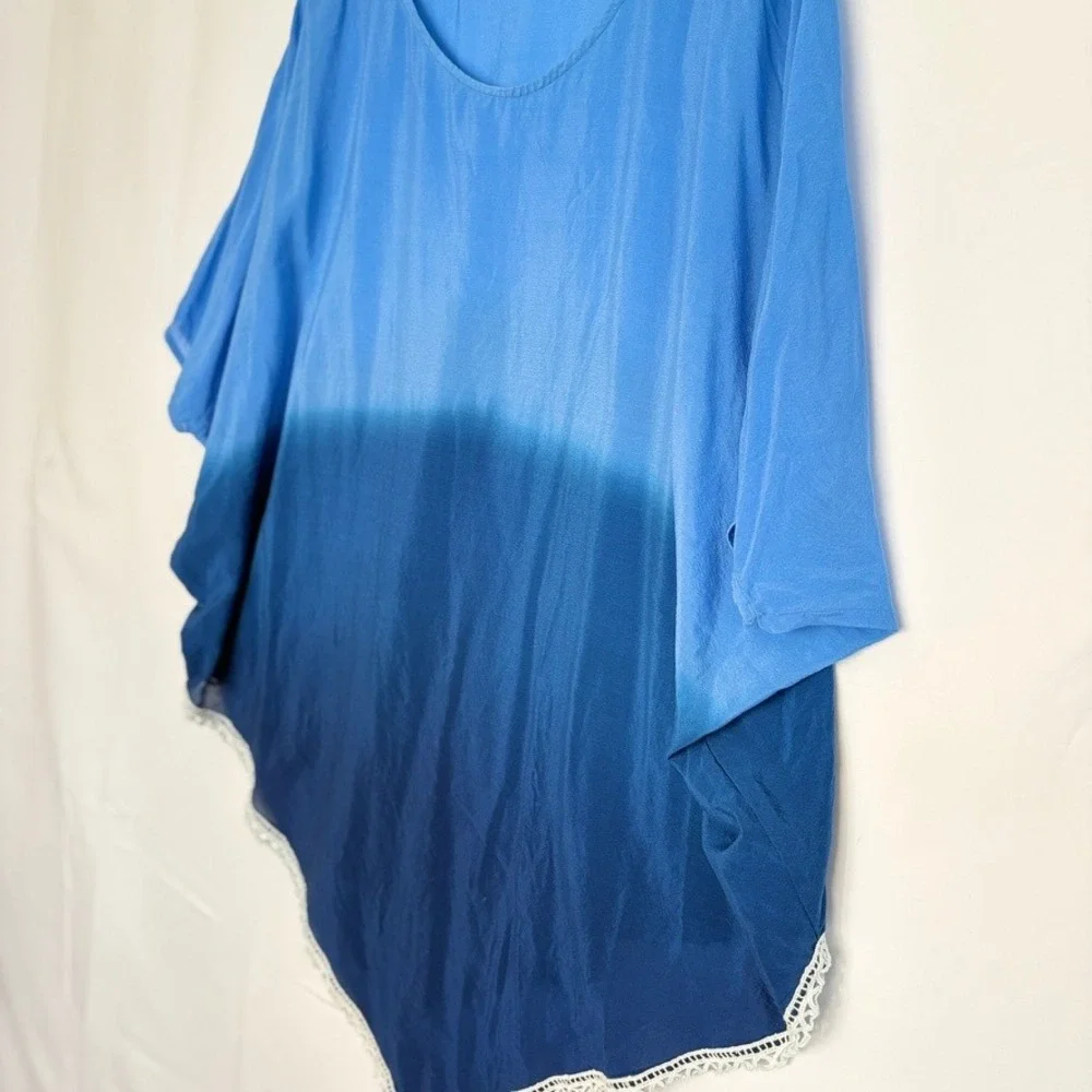 100% Silk Letarte‎ Ocean Blue Ombre Hand Dyed Kaftan Small Beach Pool Resort